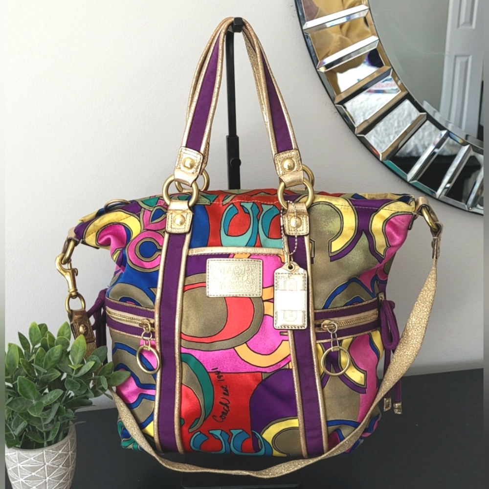 *RARE* Coach Poppy Multicolor Signaturn "Pop C" Tote Bag ***NEW hang tag bought - Picture 1 of 11